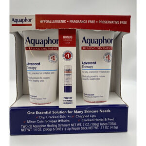 Aquaphor Healing Ointment 7 Oz 2 Pack (14 oz total) + Lip Repair Stick